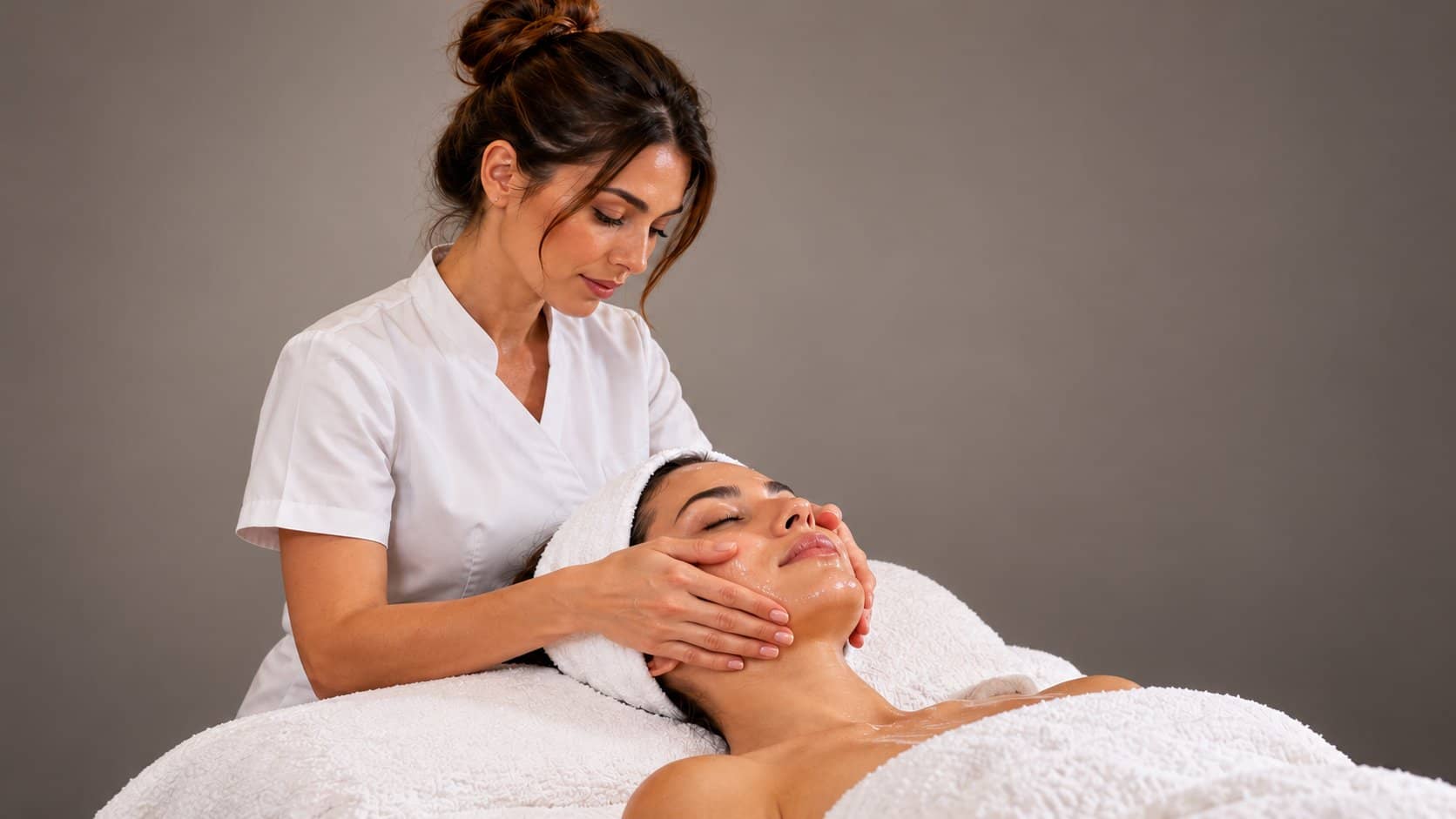 Trattamento viso in una cabina estetica elegante: l'estetista massaggia il viso di una cliente rilassata